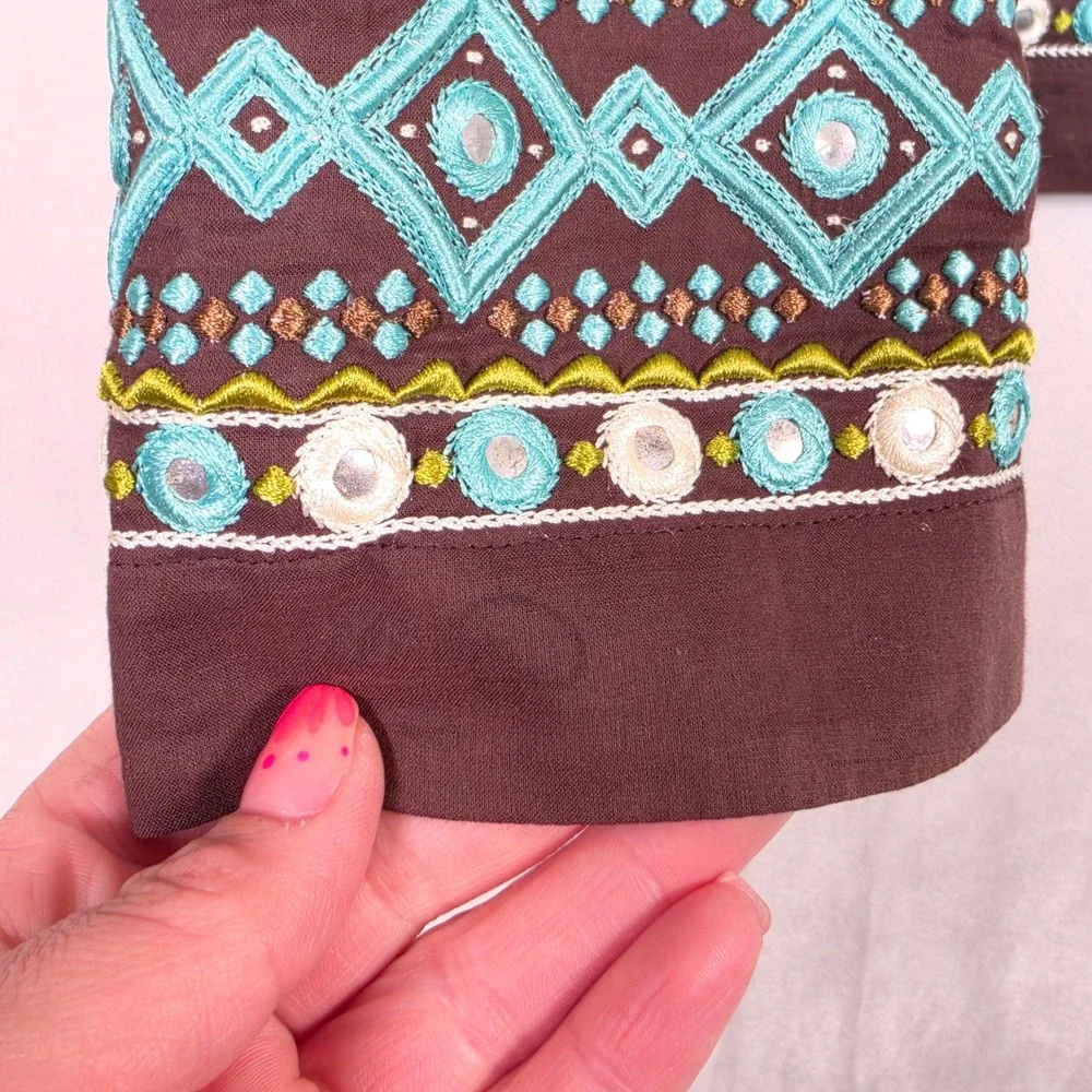 Tory Burch Tunic Women 2 Brown Boho Coastal Festival Embroidered Blue Resortwear
